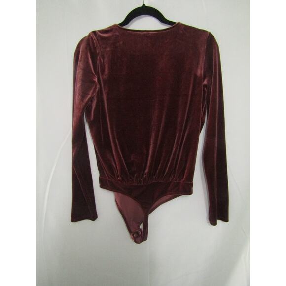 Express Small Women’s Velvet Burgundy Long Sleeve Bodysuit Surplice Top - Picture 2 of 7